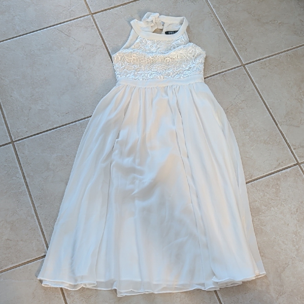 Girls White Lace Bodice Halter Dress , Beach Sheer Chiffon Dress Size 8